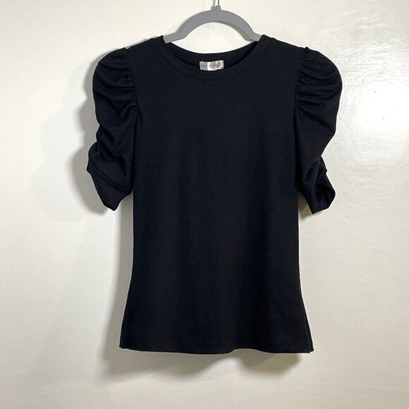 ORANGE KISS Short Puff Sleeve Black Top Blouse Size Medium - Picture 3 of 8